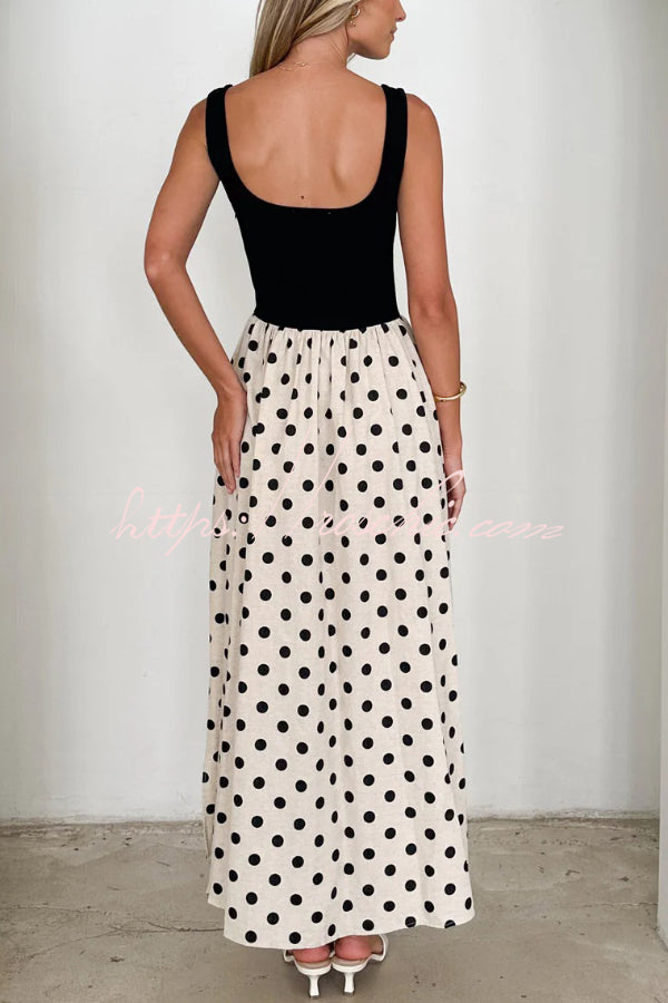 Black & White Polka Dot Sleeveless Maxi Dress with Pockets