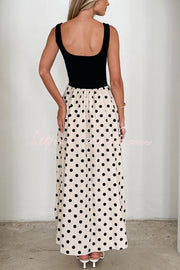 Black & White Polka Dot Sleeveless Maxi Dress with Pockets