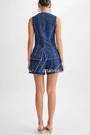 Denim Sleeveless Button-Up Vest Top with Princess Seams