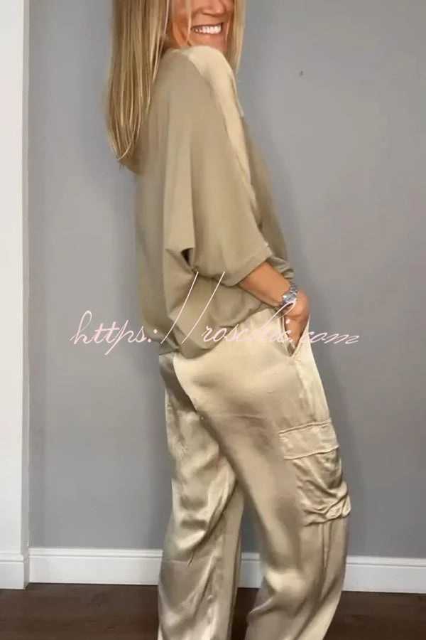 Satin Half-Sleeve Top & Elastic Waist Pants Set