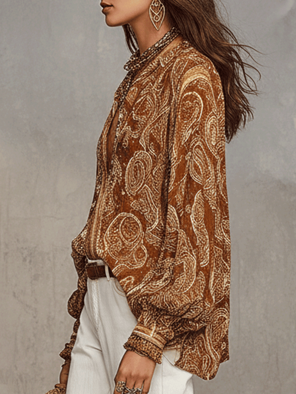 Bohemian Paisley Long Sleeve Blouse with Adjustable Neckline