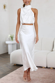 Satin High Neck Maxi Skirt Set – Sleeveless Drape Two-Piece