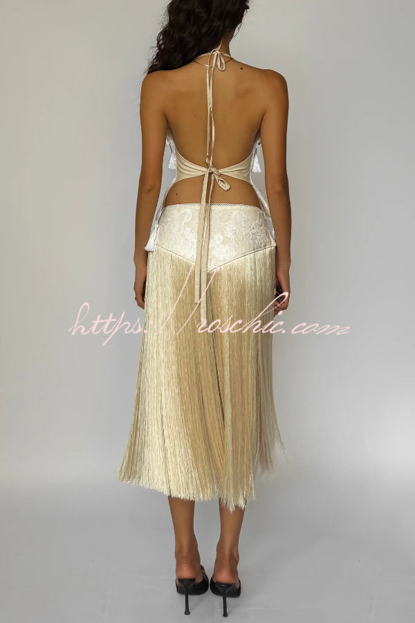 Halter Neck Lace-Up Backless Crop Top with Tassel Detail