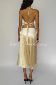 Halter Neck Lace-Up Backless Crop Top with Tassel Detail