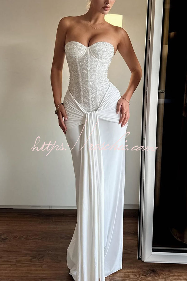 Sequined Satin Jersey Off-Shoulder Ruched Maxi Dress