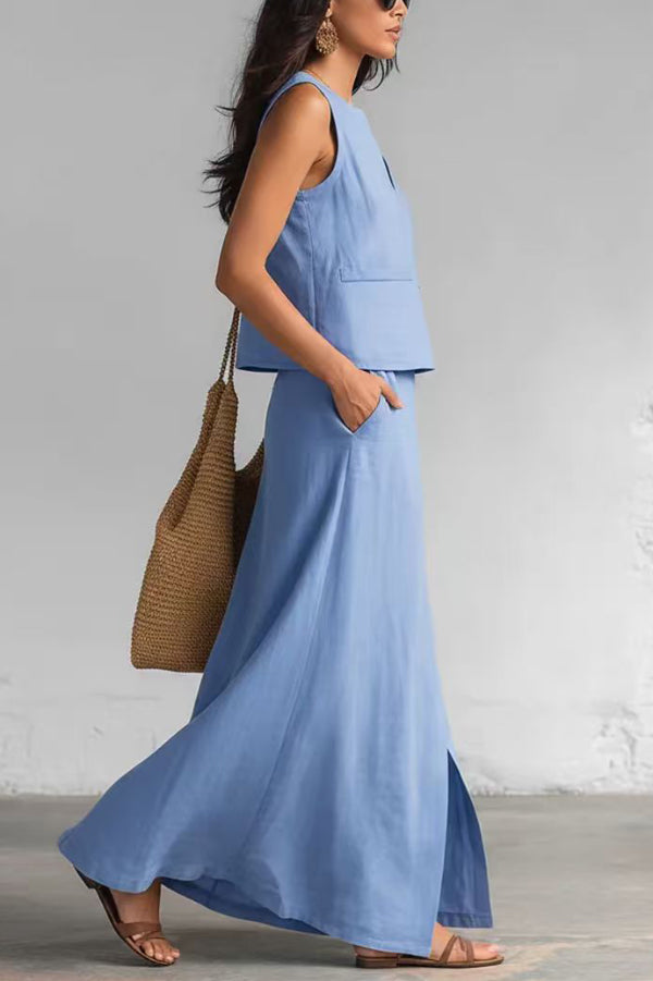 Linen Blend V-Neck Sleeveless Top & Midi Skirt Set