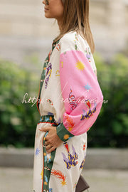 Linen Blend Printed Loose Blouse and Pants Set with Pockets
