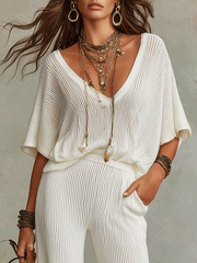 Ribbed V-Neck Tee & Wide-Leg Flowy Pants Set | Boho Two-Piece