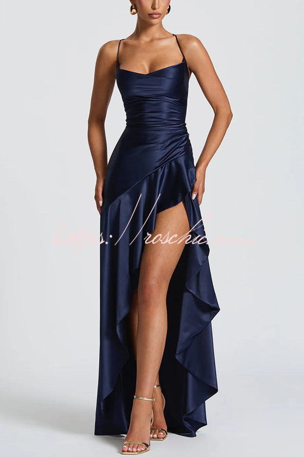 Backless Lace-Up Ruffle Maxi Dress – Spaghetti Strap