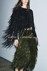Sequin Tassel Midi Skirt – High-Rise Back Zipper Party Skirt