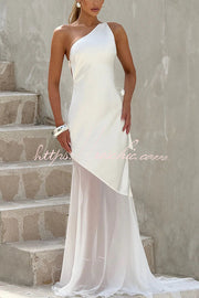 Satin One-Shoulder Maxi Dress with Chiffon Fishtail Hem