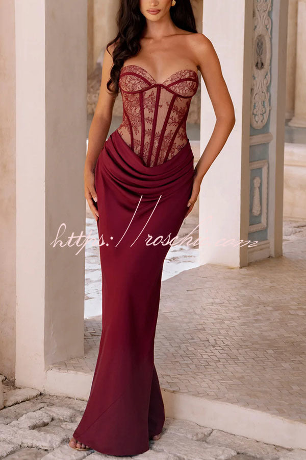 Floral Lace Strapless Maxi Dress with Lace-Up Back
