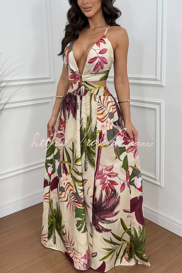 Floral Print Cutout Waist Open Back Lace-Up Slit Maxi Dress