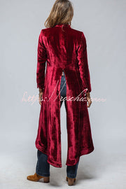 Women's Velvet Long Coat with Pockets and Slit Hem