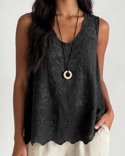 Vintage Floral Embroidered Cotton Linen Sleeveless Top