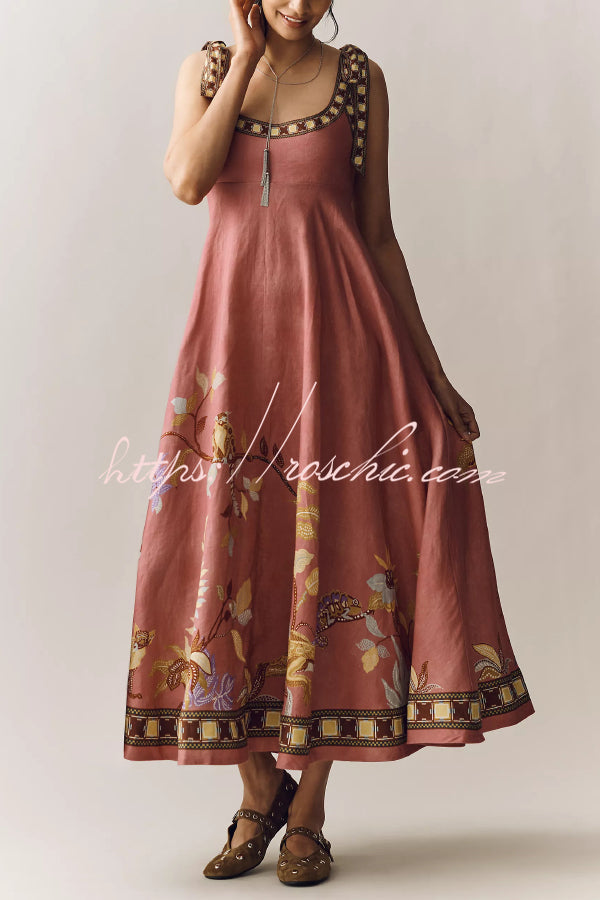 Linen Blend Printed Maxi Dress with Tie-Up Suspenders