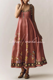 Linen Blend Printed Maxi Dress with Tie-Up Suspenders