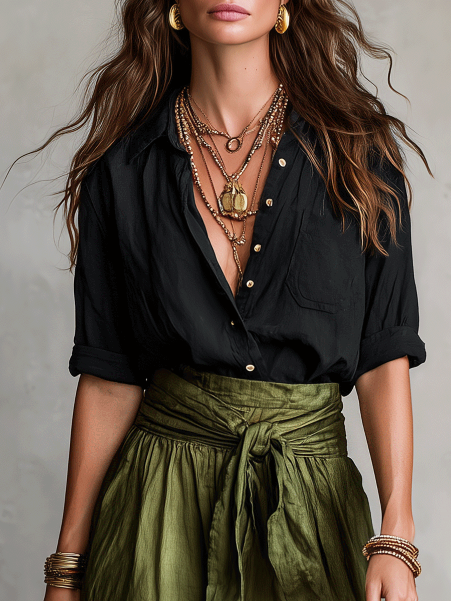 Black Blouse & Olive Satin Midi Skirt Set | Boho Style