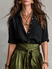 Black Blouse & Olive Satin Midi Skirt Set | Boho Style