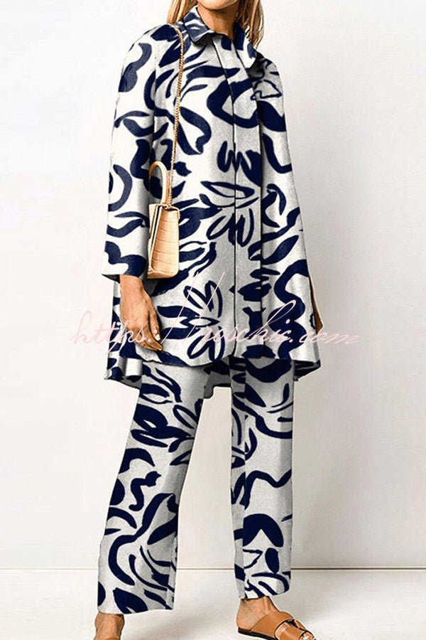 Geometric Print Lapel Two-Piece Top and Pants Set
