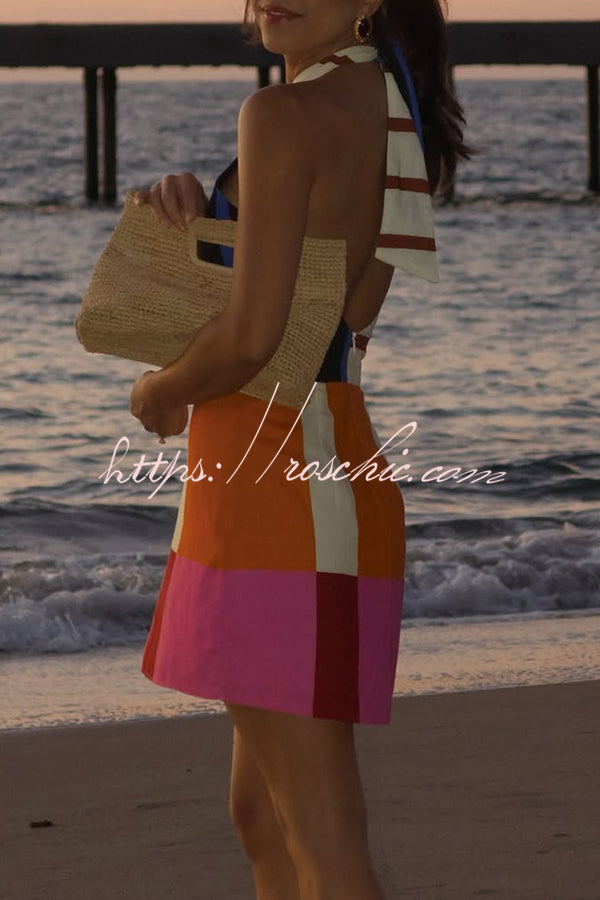 Linen Blend Color Block Halter Mini Dress – Loose Fit