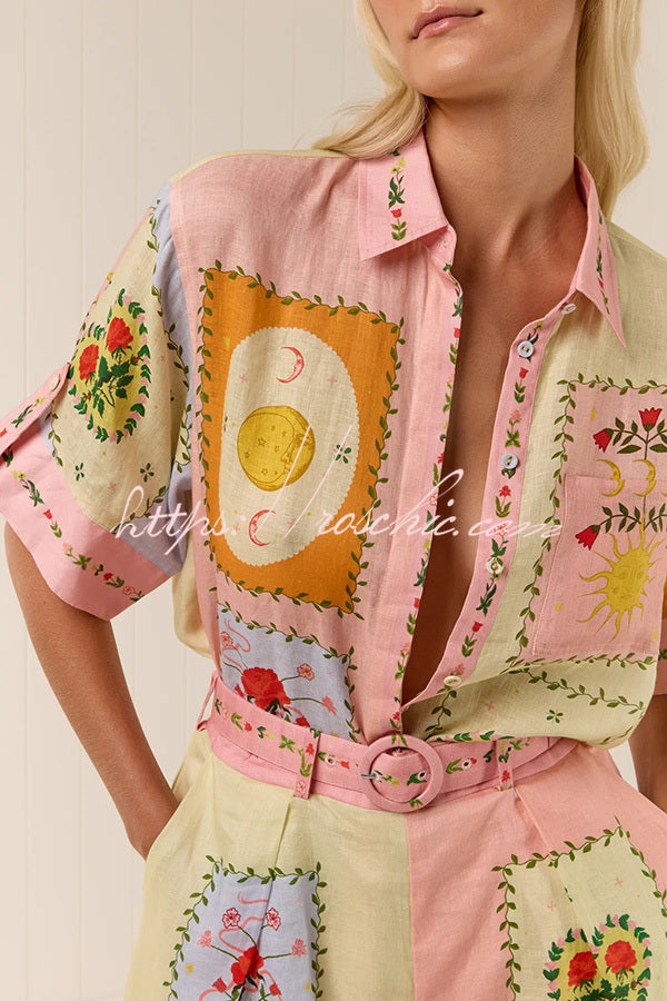 Linen Blend Printed Short Sleeve Shirt & Belted Shorts Set
