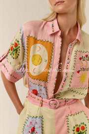 Linen Blend Printed Short Sleeve Shirt & Belted Shorts Set