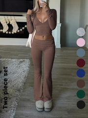 Slim-Fit V-Neck Crop Top & Pants Set
