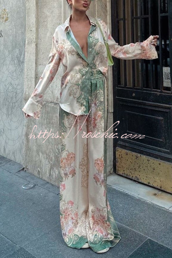 Satin Printed Long Sleeve Shirt and Pants Set, Loose Fit