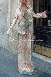 Satin Printed Long Sleeve Shirt and Pants Set, Loose Fit