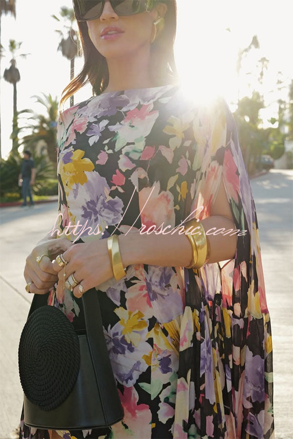 Floral Print High Low Cape Maxi Dress for Party & Vacation