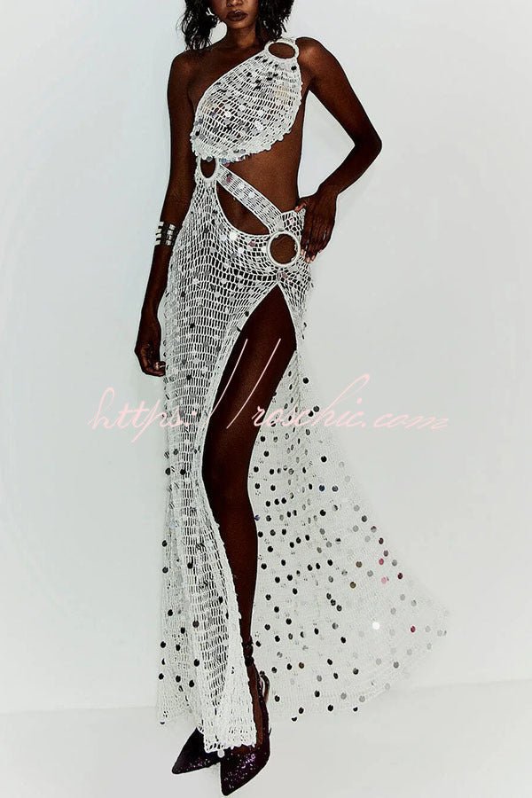 Sequin Knit One-Shoulder Maxi Dress with Thigh Slit