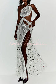 Sequin Knit One-Shoulder Maxi Dress with Thigh Slit