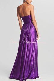 Metallic Pleated Off-Shoulder Maxi Dress with Thigh-High Slit