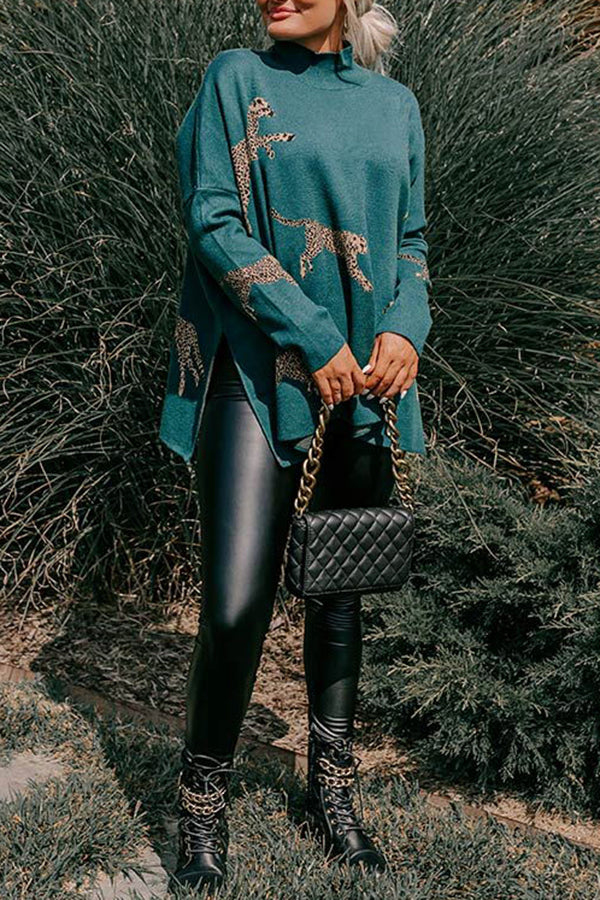 Leopard Print High Neck Relaxed Sweatshirt with Side Slit