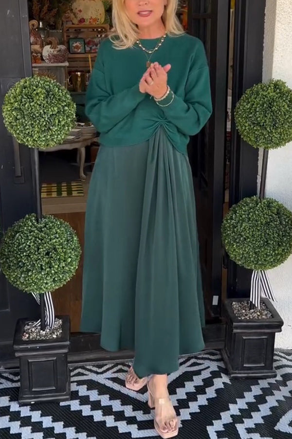 Knit Sweater & Satin Ruched Midi Dress Two-Piece Set