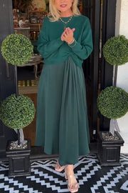 Knit Sweater & Satin Ruched Midi Dress Two-Piece Set
