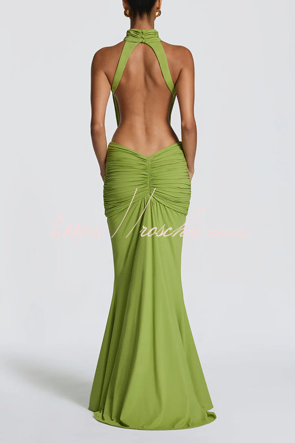 Stretch Slinky Jersey High Neck Ruched Backless Maxi Dress