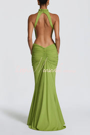 Stretch Slinky Jersey High Neck Ruched Backless Maxi Dress