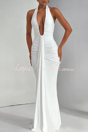 Halter V-Neck Open Back Maxi Dress – Solid Color Slim Fit
