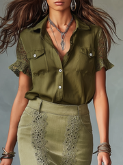 Olive Lace-Trim Shirt & Midi Skirt Set | Two-Piece