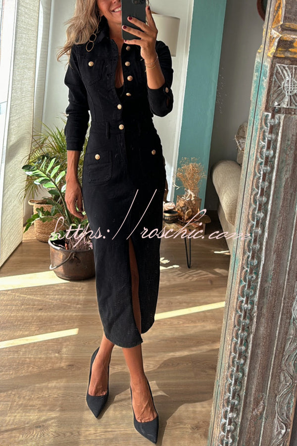 Denim Midi Dress with Button-Zip Shirt Neck & Pencil Slit
