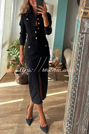 Denim Midi Dress with Button-Zip Shirt Neck & Pencil Slit
