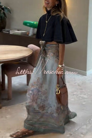 Linen Blend Paisley Maxi Skirt High Rise Tie Waist Vacation