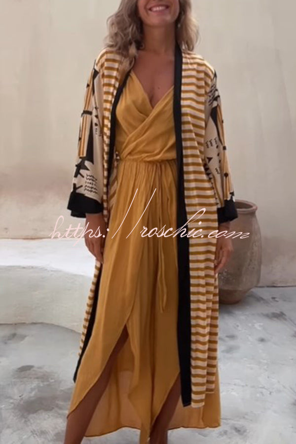 Retro Geometric Print Open Front Duster Kimono Cardigan