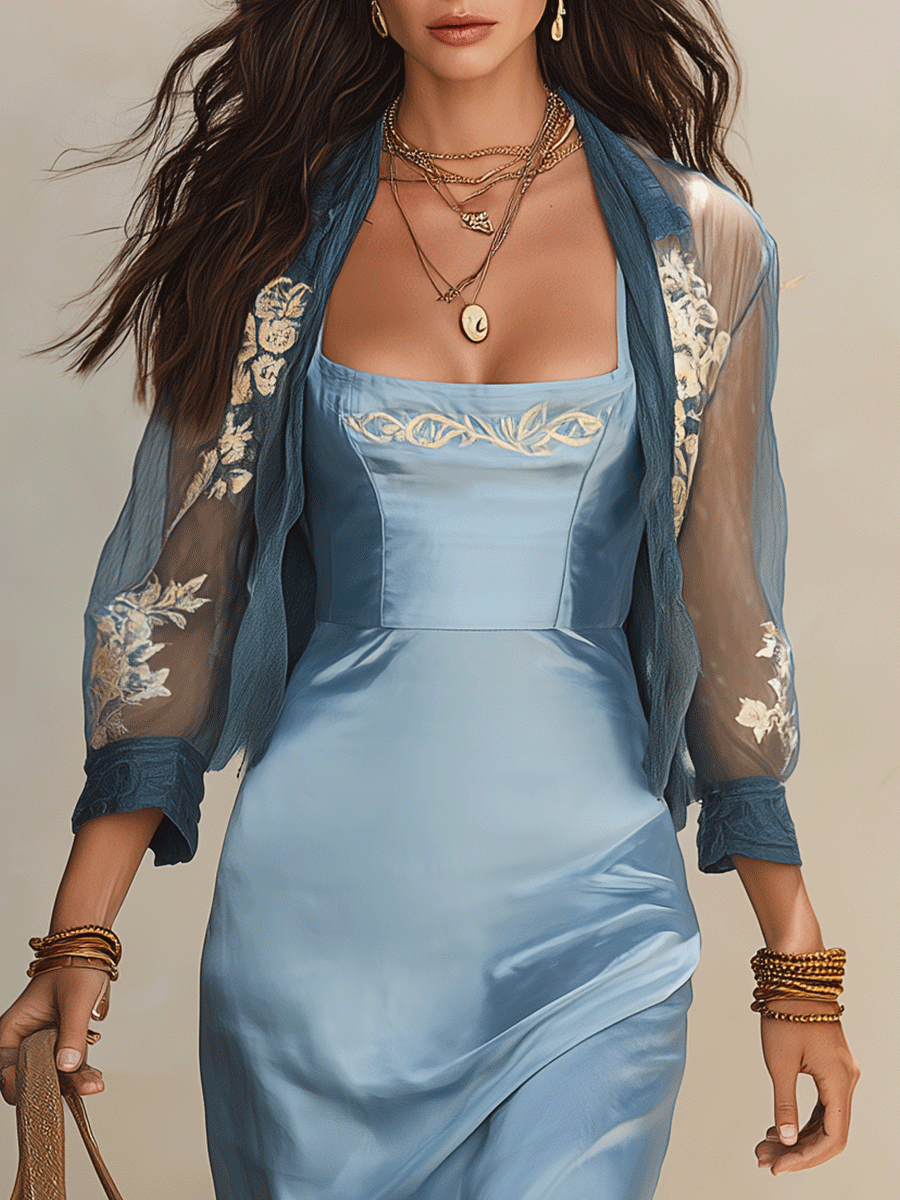 Satin Slip Dress and Shirt Set in Coastal Powder Blue