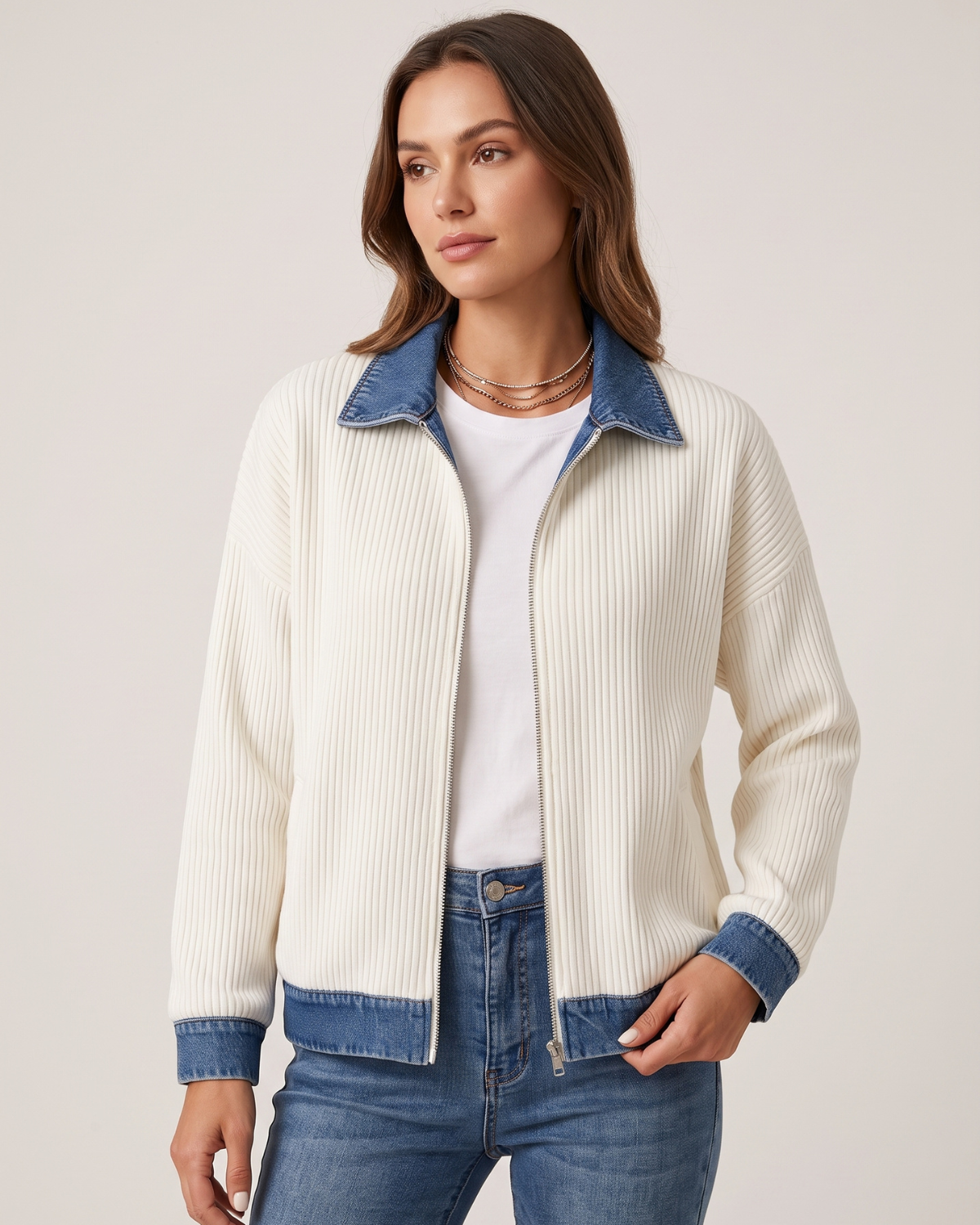 Knit-Paneled Denim Shirt Jacket