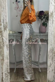 Sequin Wide Leg Pants High Rise Elastic Waist Party