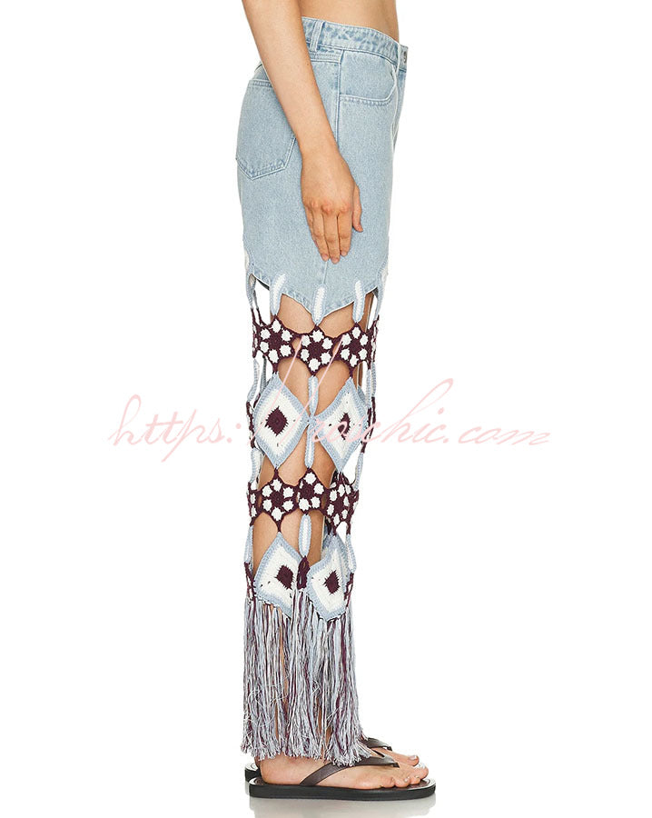 Embroidered Floral Crochet Denim Jeans with Tassel Hem