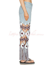 Embroidered Floral Crochet Denim Jeans with Tassel Hem